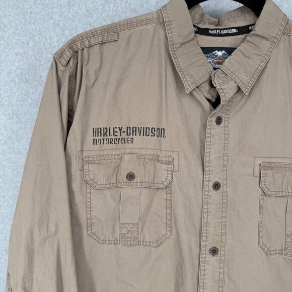 Harley Davidson Long Sleeve Button Down Shirt Size 2XL Tan Khaki Military Style - Picture 2 of 13